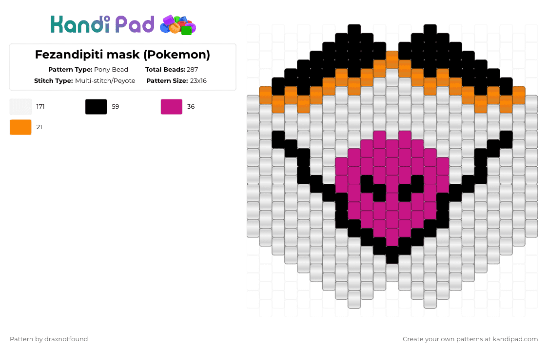 Fezandipiti mask (Pokemon) - Pony Bead Pattern by draxnotfound on Kandi Pad - white,orange,pink,pokemon,gaming,bird,mask,avian