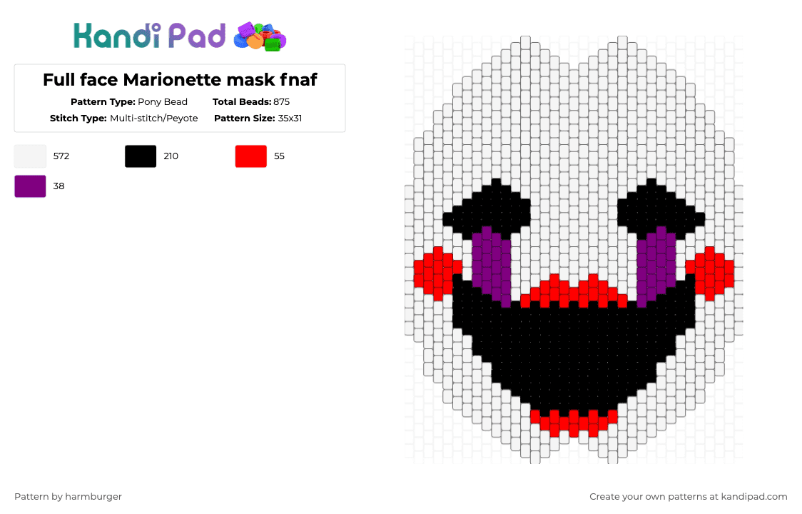 Full face Marionette mask fnaf - Pony Bead Pattern by harmburger on Kandi Pad - white,pink,red