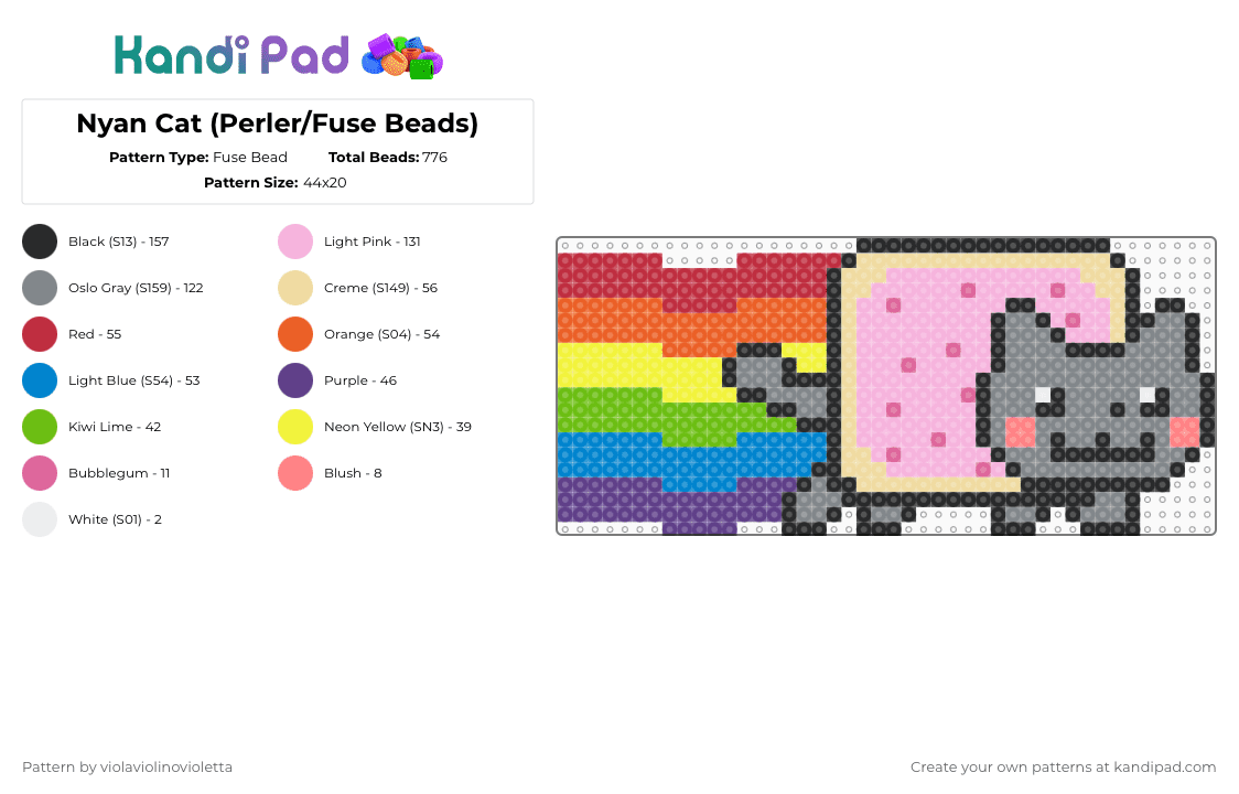 Nyan Cat (Perler/Fuse Beads) - Fuse Bead Pattern by violaviolinovioletta on Kandi Pad - gray,red,pink