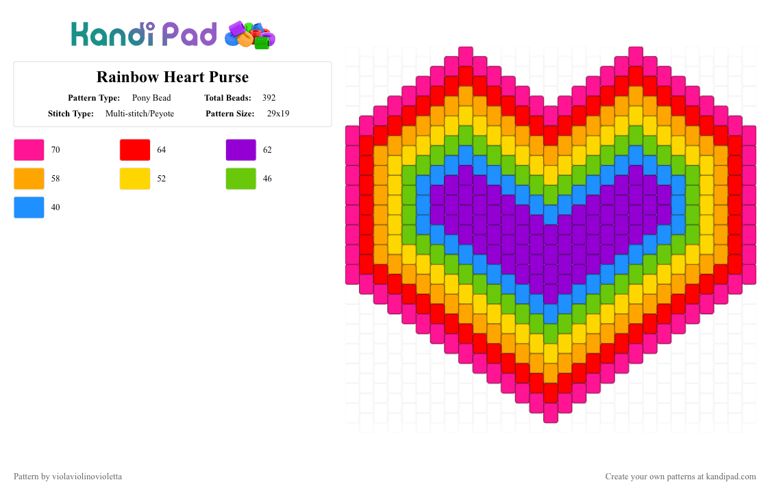 Rainbow Heart - Pony Bead Pattern by violaviolinovioletta on Kandi Pad - red,yellow,colorful