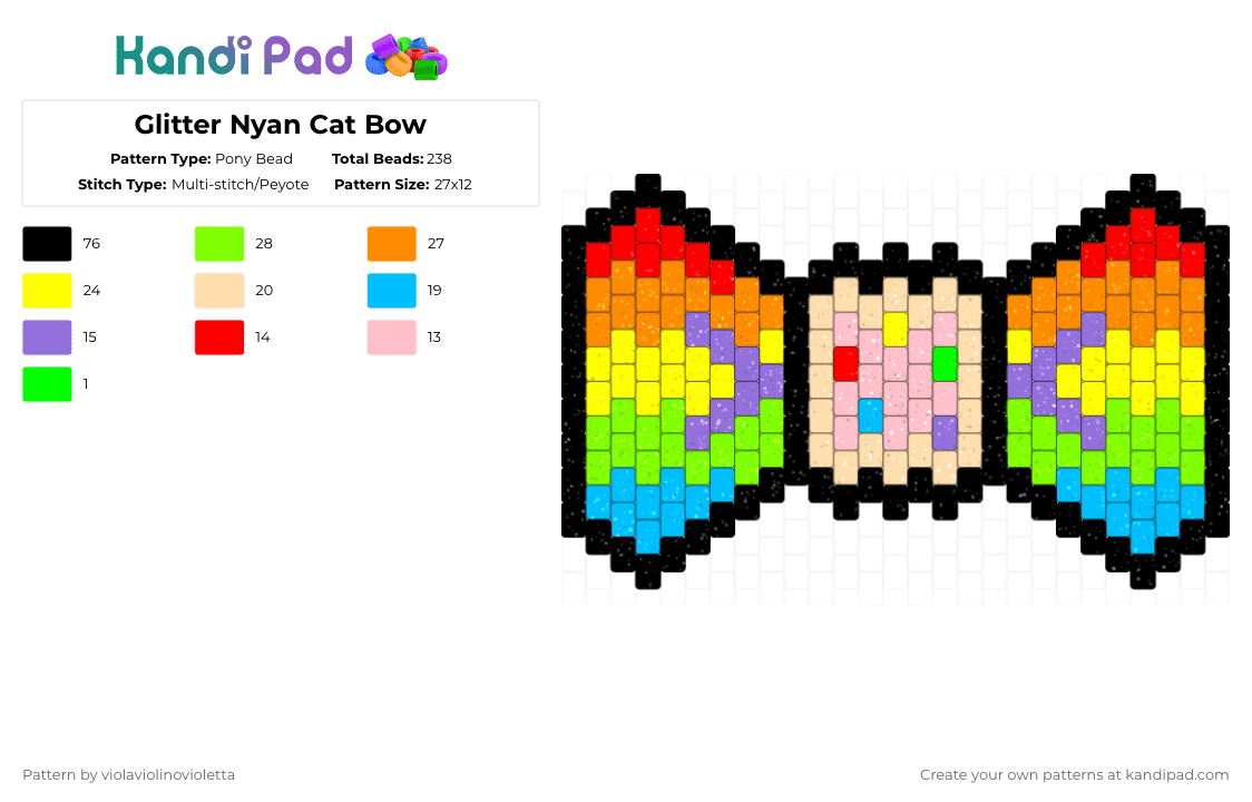Glitter Nyan Cat Bow - Pony Bead Pattern by violaviolinovioletta on Kandi Pad - orange,green,colorful