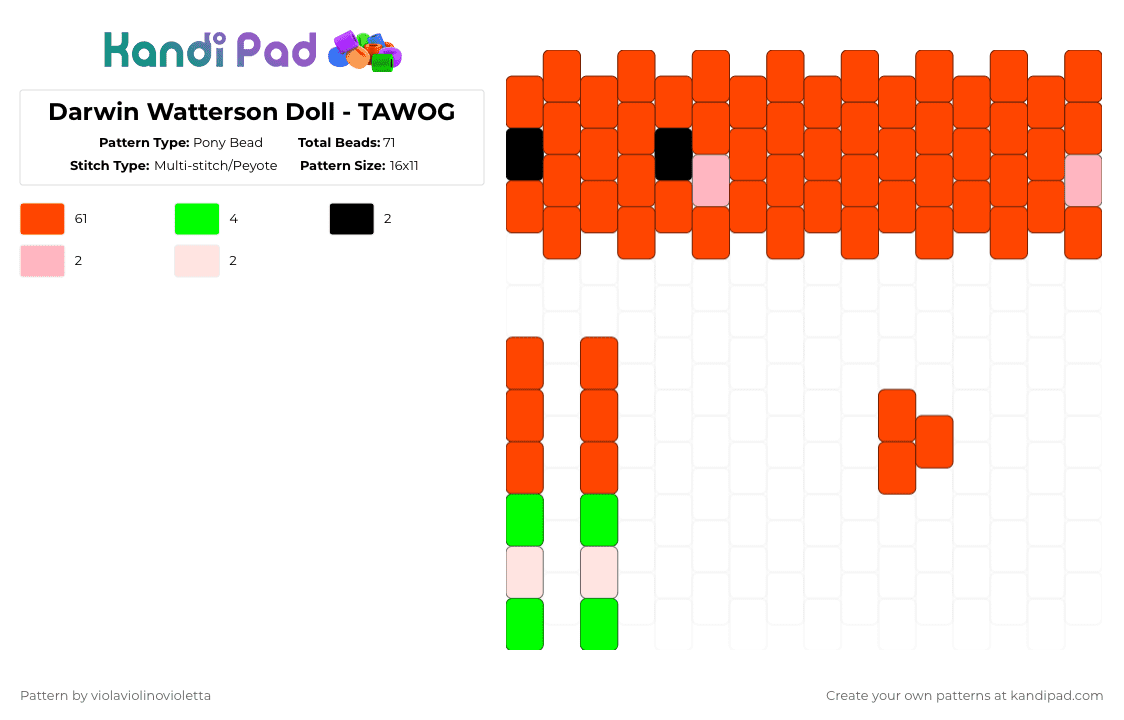 Darwin Watterson Doll - TAWOG - Pony Bead Pattern by violaviolinovioletta on Kandi Pad - red,tawog,darwin watterson,doll,watterson,darwin,the amazing world of gumball