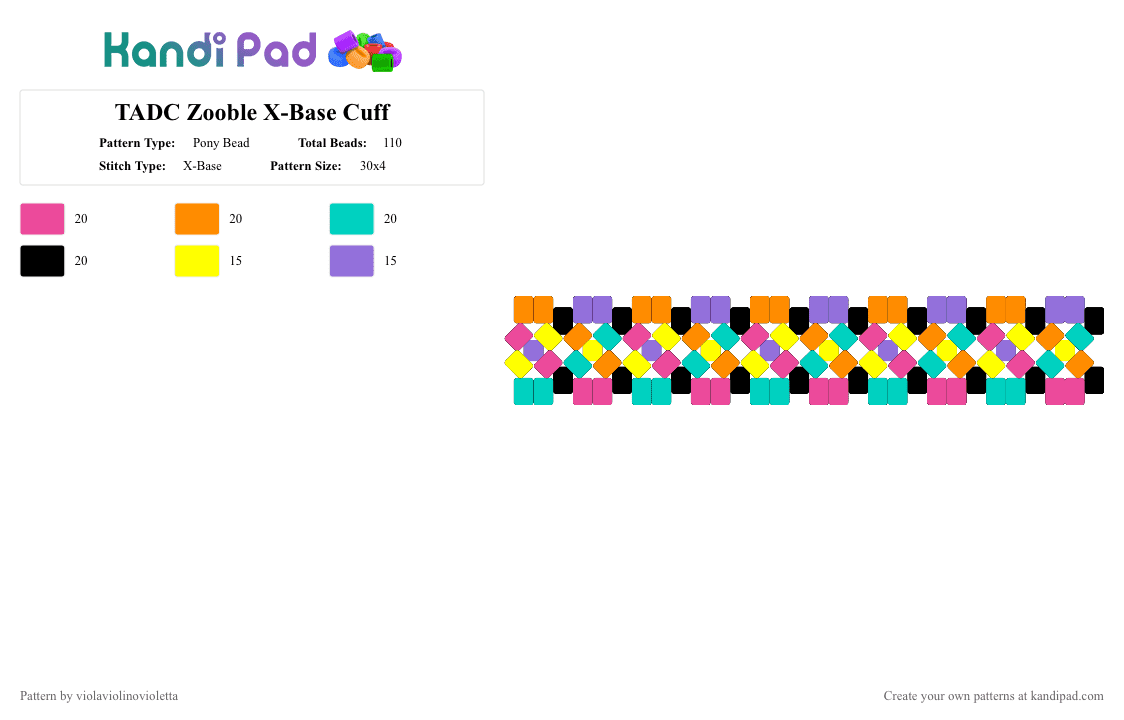 TADC Zooble X-Base Cuff - Pony Bead Pattern by violaviolinovioletta on Kandi Pad - pink,orange,teal