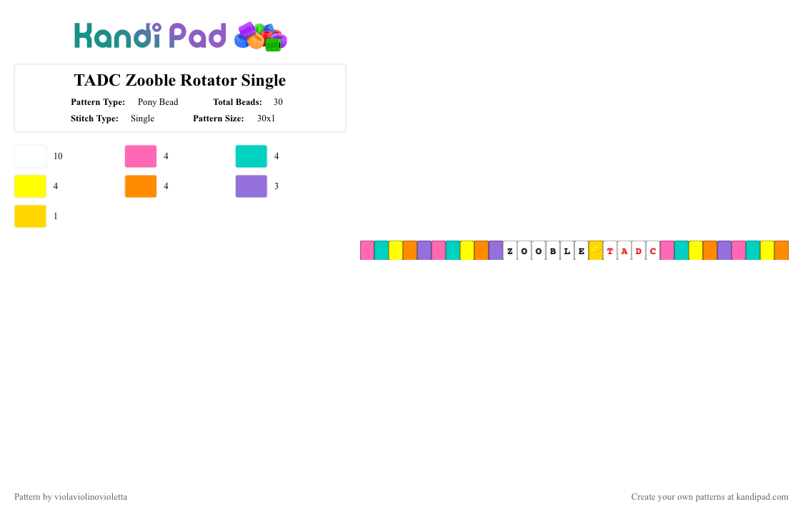 TADC Zooble Rotator Single - Pony Bead Pattern by violaviolinovioletta on Kandi Pad - pink,teal,yellow,orange