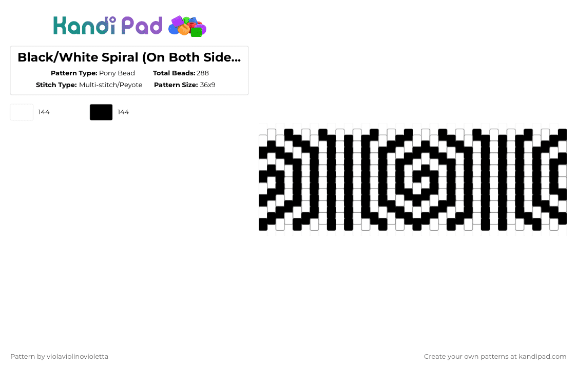 Black/White Spiral (On Both Sides) Cuff - Pony Bead Pattern by violaviolinovioletta on Kandi Pad - white,black