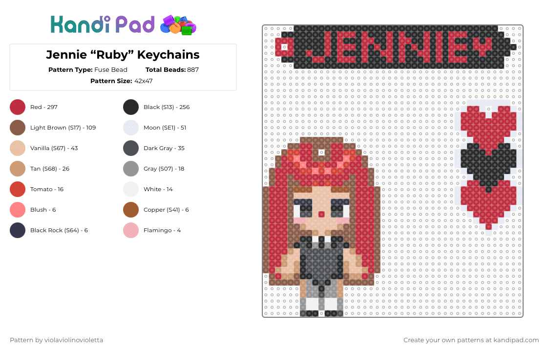 Jennie “Ruby” Keychains - Fuse Bead Pattern by violaviolinovioletta on Kandi Pad - red,tan,jennie,kpop,blackpink,bp,ruby,solo,like jennie,jennie solo