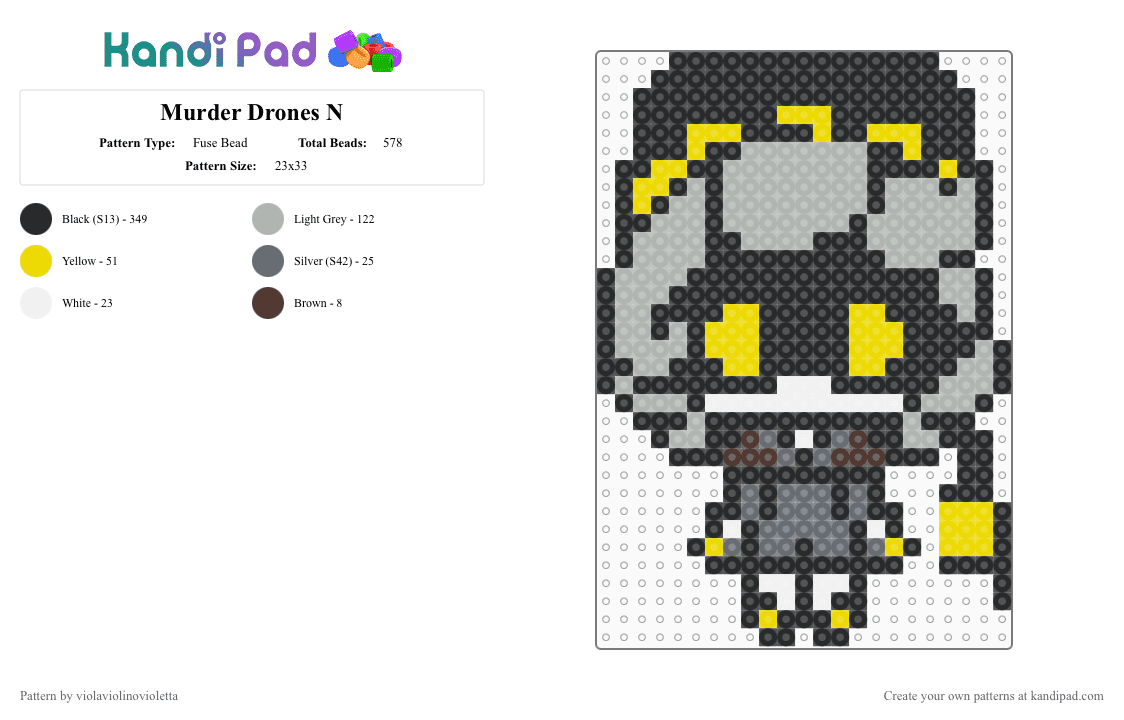 Murder Drones N - Fuse Bead Pattern by violaviolinovioletta on Kandi Pad - black,yellow,beige
