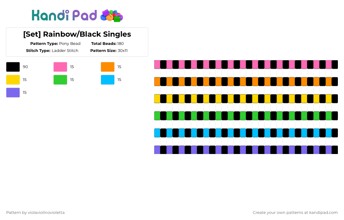 [Set] Rainbow/Black Singles - Pony Bead Pattern by violaviolinovioletta on Kandi Pad - black,orange,green,blue,colorful