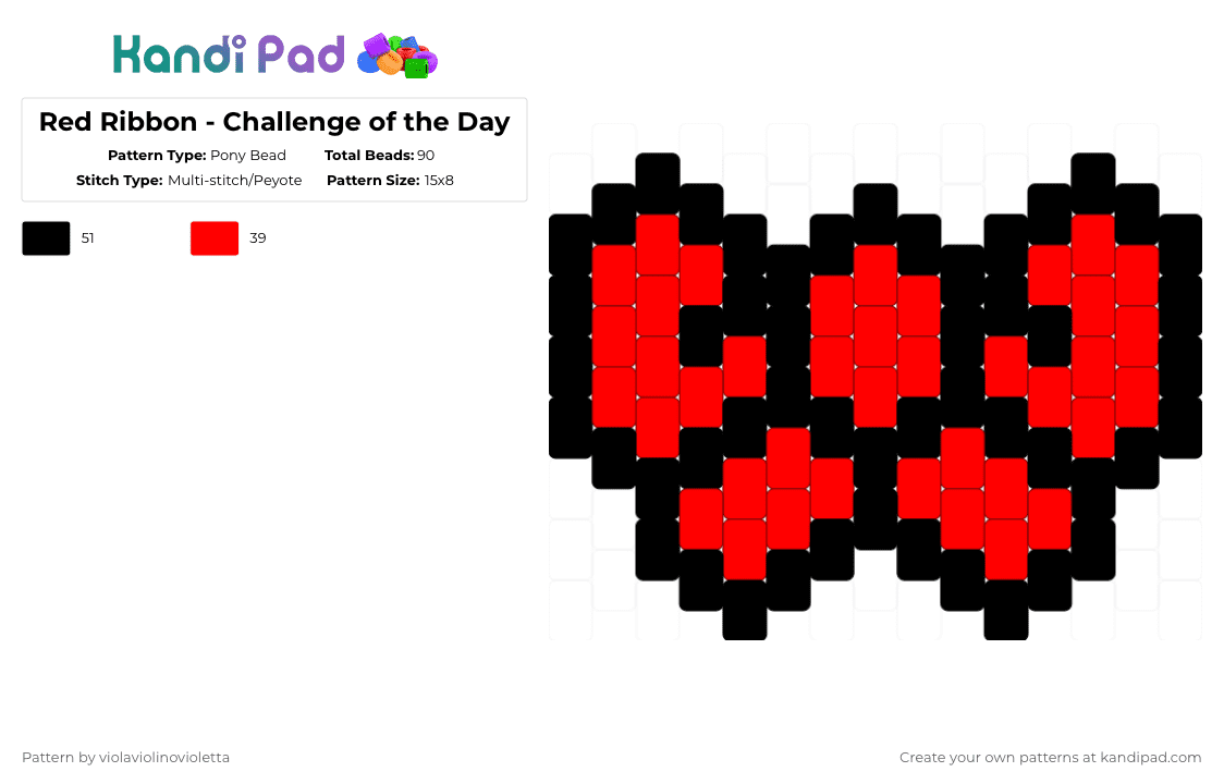 Red Ribbon - Challenge of the Day - Pony Bead Pattern by violaviolinovioletta on Kandi Pad - black,red,cotdribbons