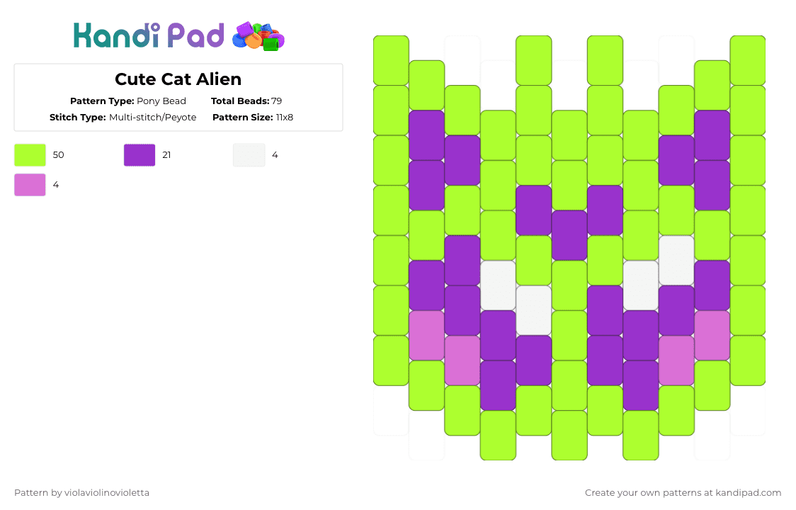 Cute Cat Alien - Pony Bead Pattern by violaviolinovioletta on Kandi Pad - green,dont copy