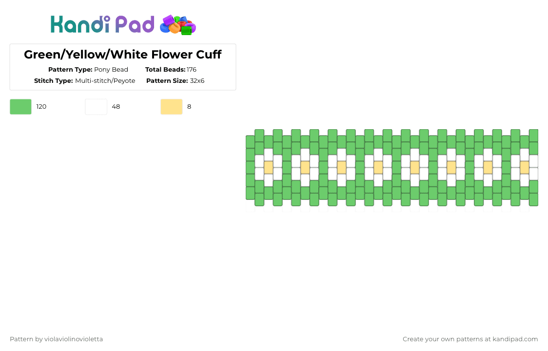 Green/Yellow/White Flower Cuff - Pony Bead Pattern by violaviolinovioletta on Kandi Pad - green