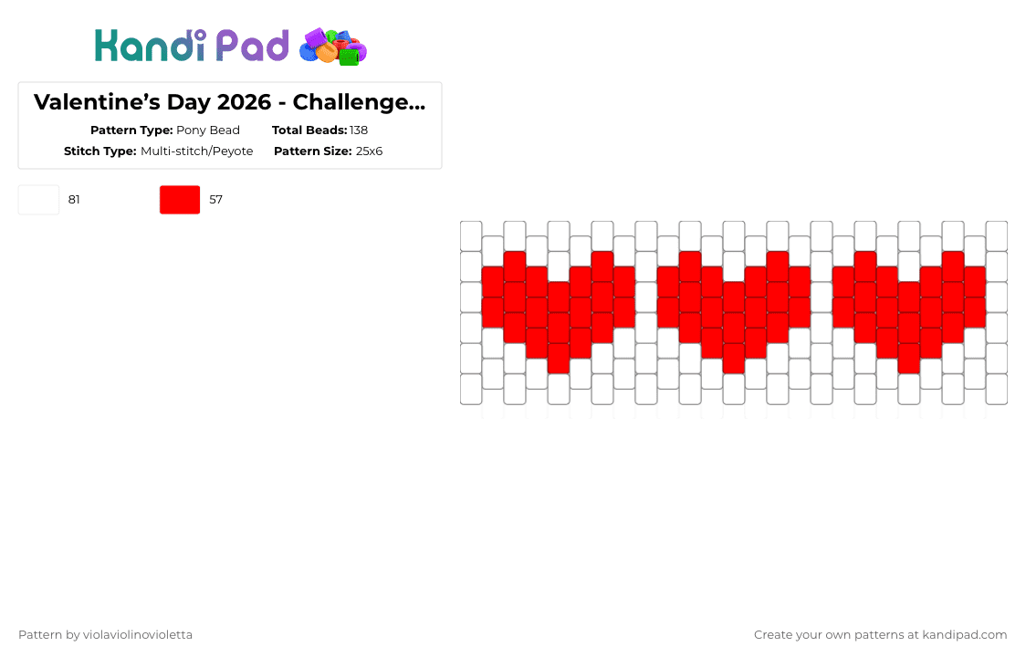 Valentine’s Day 2026 - Challenge of the Day - Pony Bead Pattern by violaviolinovioletta on Kandi Pad - red,white,cotdvalentinesday2026