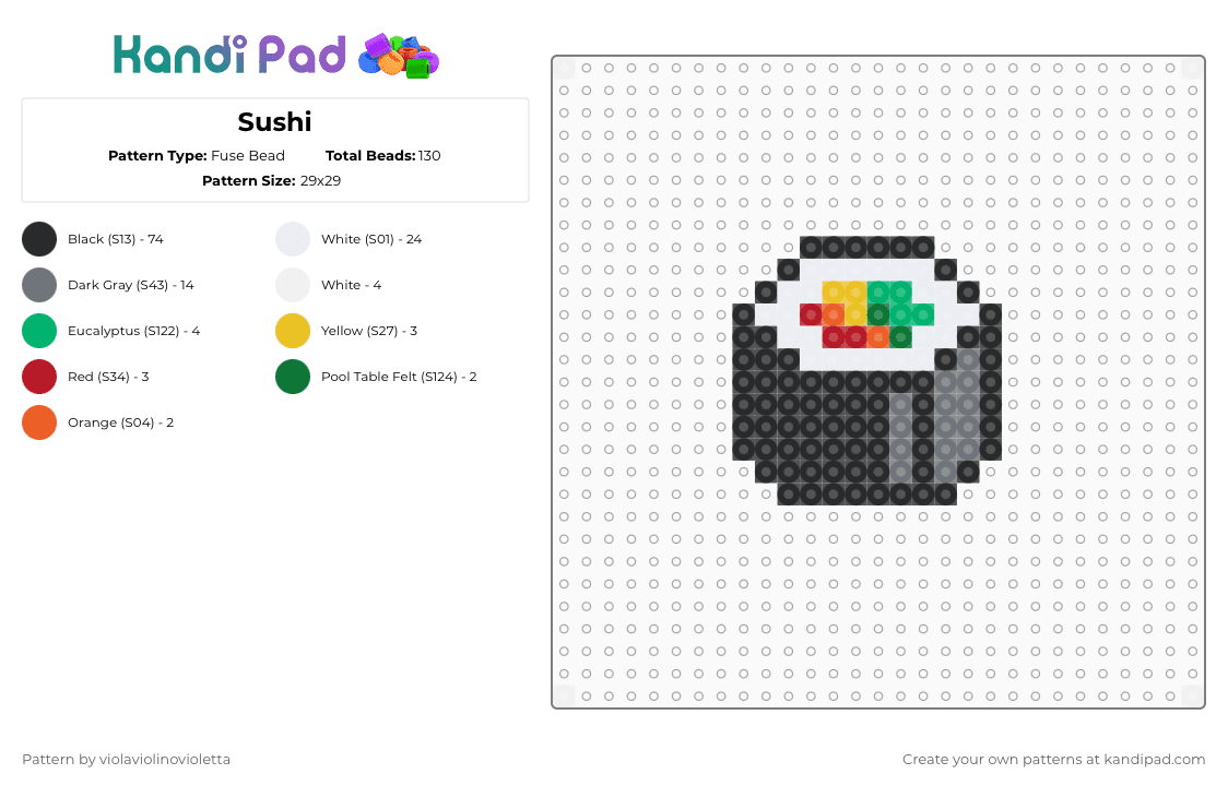 Sushi - Fuse Bead Pattern by violaviolinovioletta on Kandi Pad - black,white,green,gray