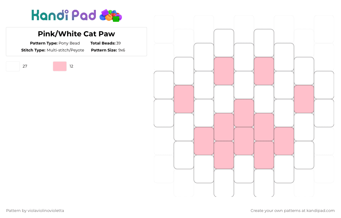 Pink/White Cat Paw - Pony Bead Pattern by violaviolinovioletta on Kandi Pad - white,pink