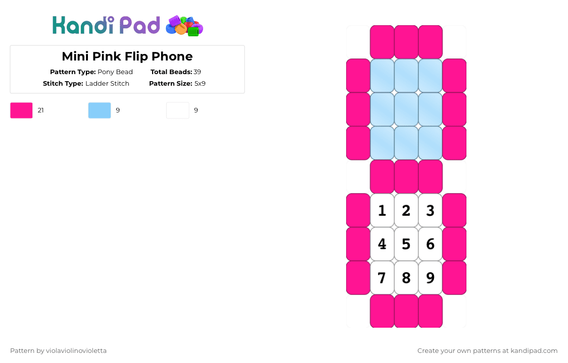 Mini Pink Flip Phone - Pony Bead Pattern by violaviolinovioletta on Kandi Pad - pink,light blue