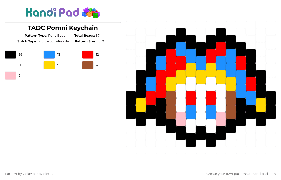 TADC Pomni Keychain - Pony Bead Pattern by violaviolinovioletta on Kandi Pad - red,light blue
