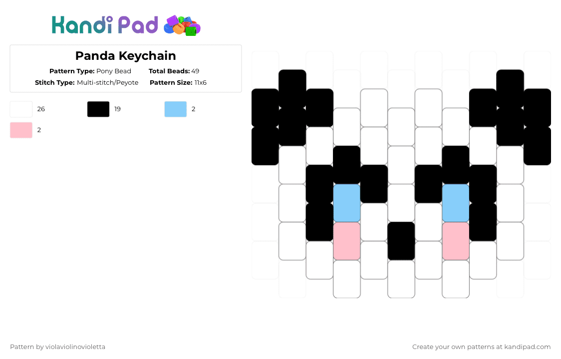 Panda Keychain - Pony Bead Pattern by violaviolinovioletta on Kandi Pad - white,light blue,pink
