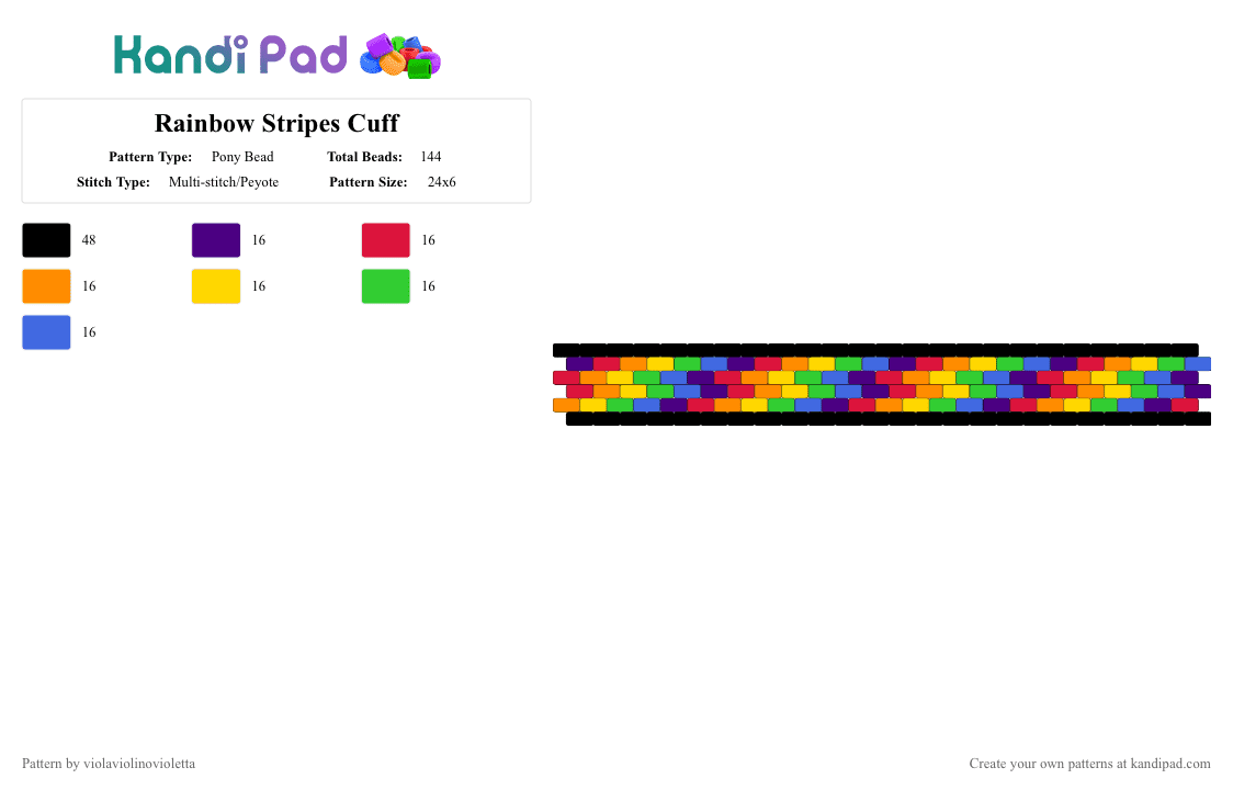 Rainbow Stripes Cuff - Pony Bead Pattern by violaviolinovioletta on Kandi Pad - red,yellow,blue,colorful
