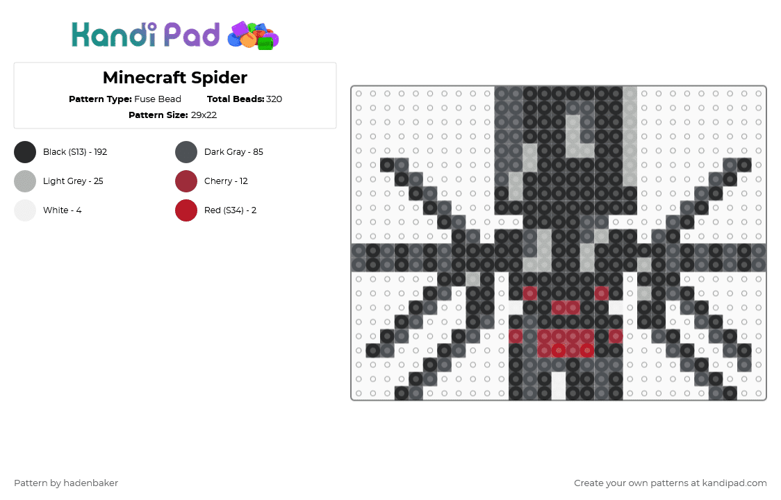 Minecraft Spider - Fuse Bead Pattern by hadenbaker on Kandi Pad - black, gray
