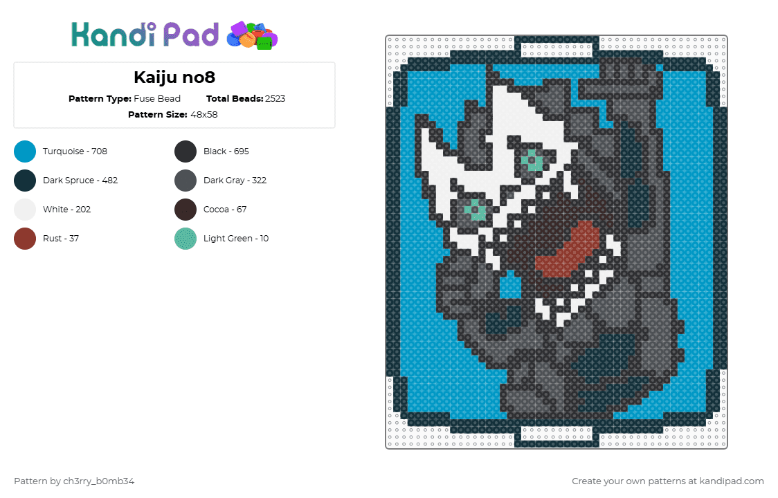 Kaiju no8 - Fuse Bead Pattern by ch3rry_b0mb34 on Kandi Pad - black,gray,light blue