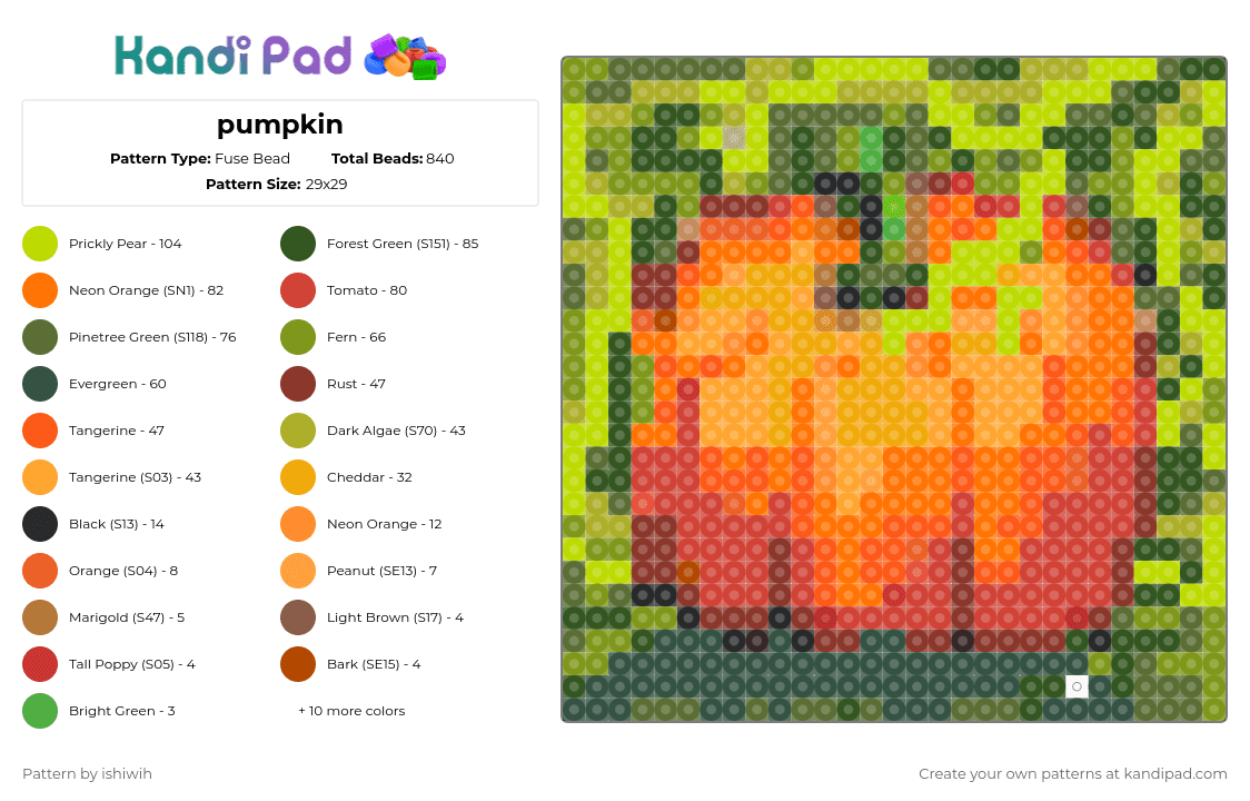 pumpkin - Fuse Bead Pattern by ishiwih on Kandi Pad - cotdharvest, cute, easy, food, gold, green, nature, orange, pumpkin, red