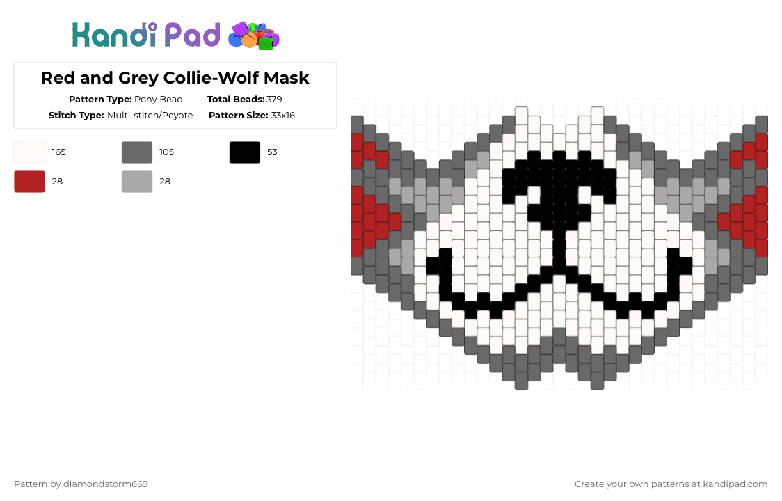Red and Grey Collie-Wolf Mask - Pony Bead Pattern by diamondstorm669 on Kandi Pad - white,gray