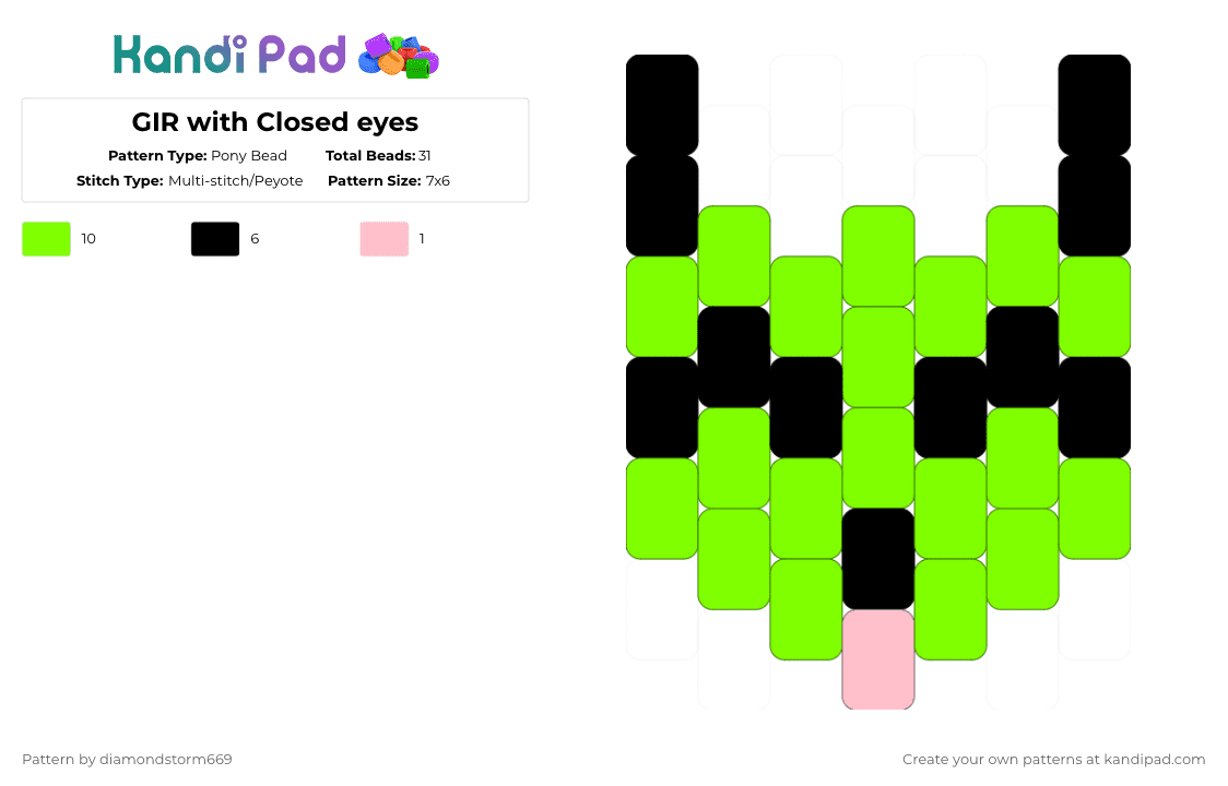 GIR with Closed eyes - Pony Bead Pattern by diamondstorm669 on Kandi Pad - green,gir,invader zim,tounge,closed eyes,dog,tv show,charm