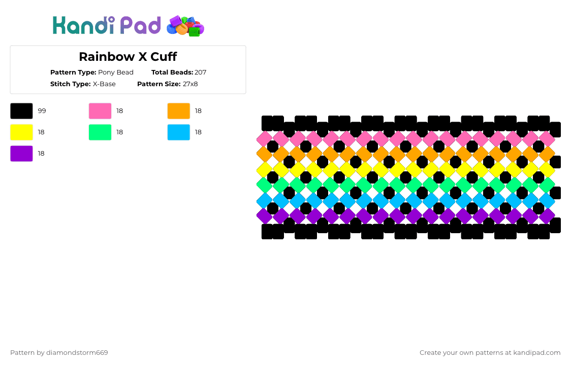 Rainbow X Cuff - Pony Bead Pattern by diamondstorm669 on Kandi Pad - black,orange,teal,purple,colorful,rainbow,x cuff