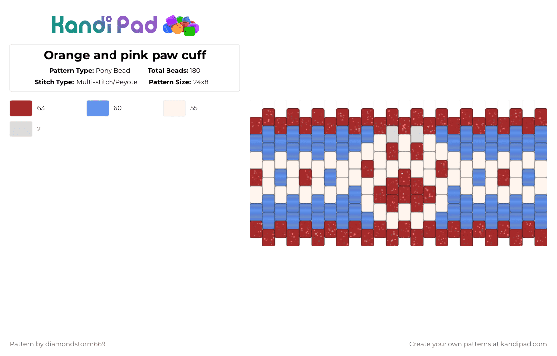 red and blue paw cuff - Pony Bead Pattern by diamondstorm669 on Kandi Pad - red,light blue,paw,cuff,blue