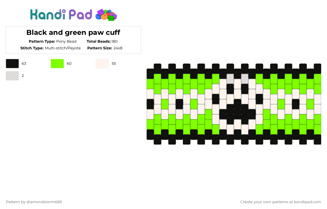 Black and green paw cuff - Pony Bead Pattern by diamondstorm669 on Kandi Pad - white,green,paw,cuff,black,gir