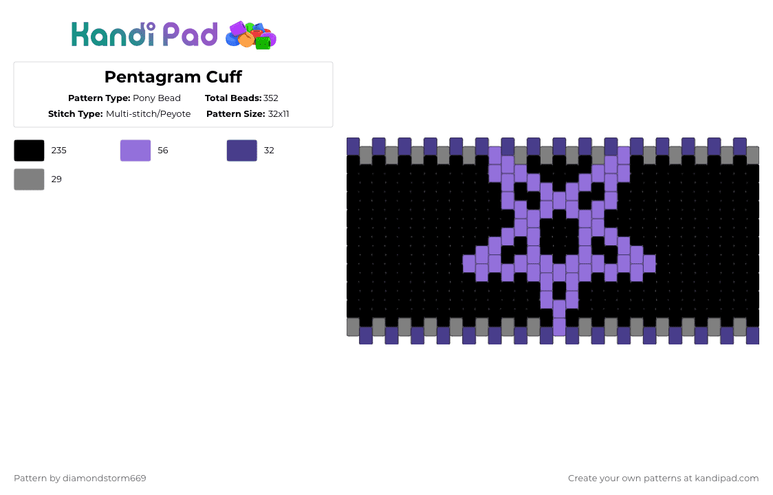 Pentagram Cuff - Pony Bead Pattern by diamondstorm669 on Kandi Pad - black,purple,demon,satan,pentagram,cuff