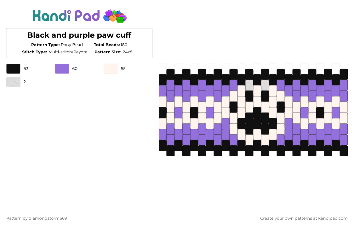 Black and purple paw cuff - Pony Bead Pattern by diamondstorm669 on Kandi Pad - white,purple,paw,cuff,black