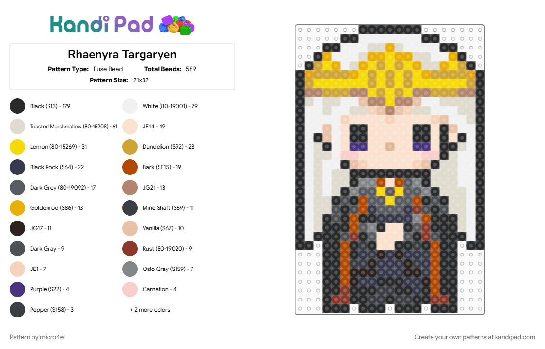 Rhaenyra Targaryen - Fuse Bead Pattern by micro4el on Kandi Pad - beige, character, chibi, dragon, game of thrones, house of the dragon, orange, perler charm, series, targaryen