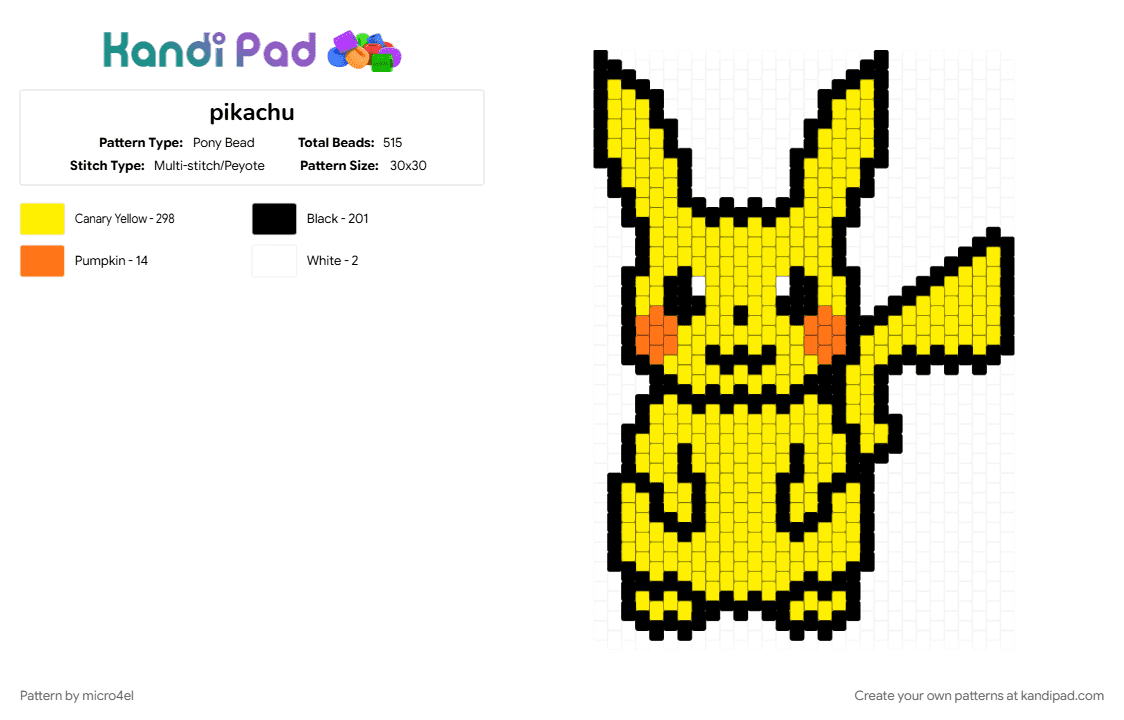 pikachu - Pony Bead Pattern by micro4el on Kandi Pad - pikachu, pokemon, yellow