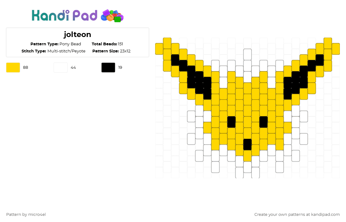 jolteon - Pony Bead Pattern by micro4el on Kandi Pad - eevee, jolteon, pokemon, white, yellow