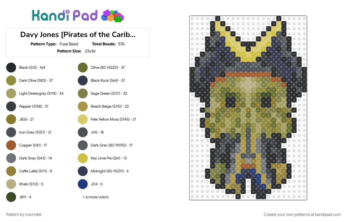 Davy Jones [Pirates of the Caribbean] - Fuse Bead Pattern by micro4el on Kandi Pad - character, chibi, davy jones, gold, gray, octopus, pirate, pirates of the caribbean, purple, tentacles