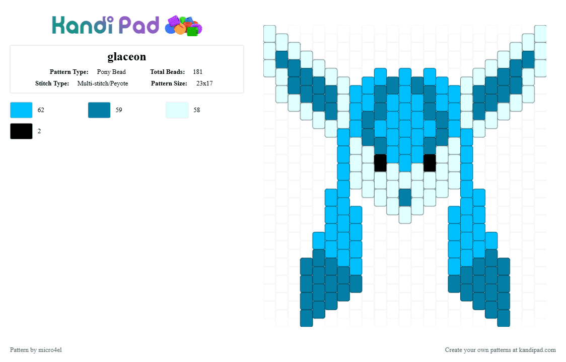 glaceon - Pony Bead Pattern by micro4el on Kandi Pad - blue, glaceon, ice, light blue, pokemon