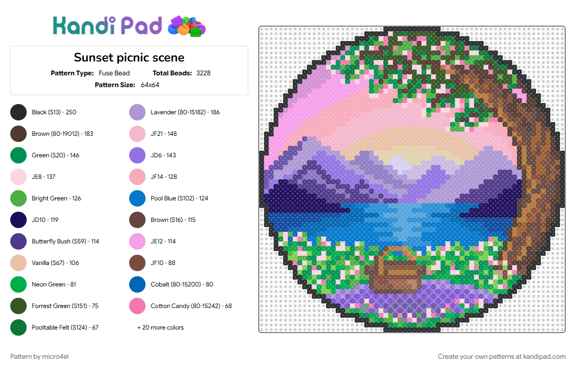 Sunset picnic scene - Fuse Bead Pattern by micro4el on Kandi Pad - blue, colorful, cotdpicnic, landscape, mountain, mountains, picnic, pink, scene, sunset