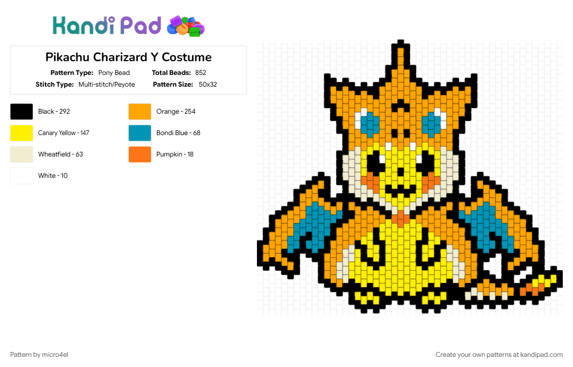 Pikachu Charizard Y Costume - Pony Bead Pattern by micro4el on Kandi Pad - charizard, costume, orange, pikachu, pokemon, poncho, yellow