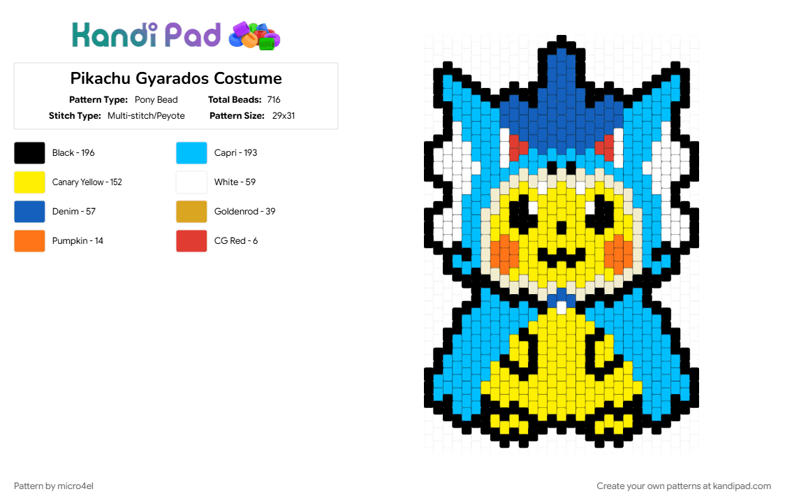 Pikachu Gyarados Costume - Pony Bead Pattern by micro4el on Kandi Pad - blue, costume, gyarados, light blue, pikachu, pokemon, poncho, yellow