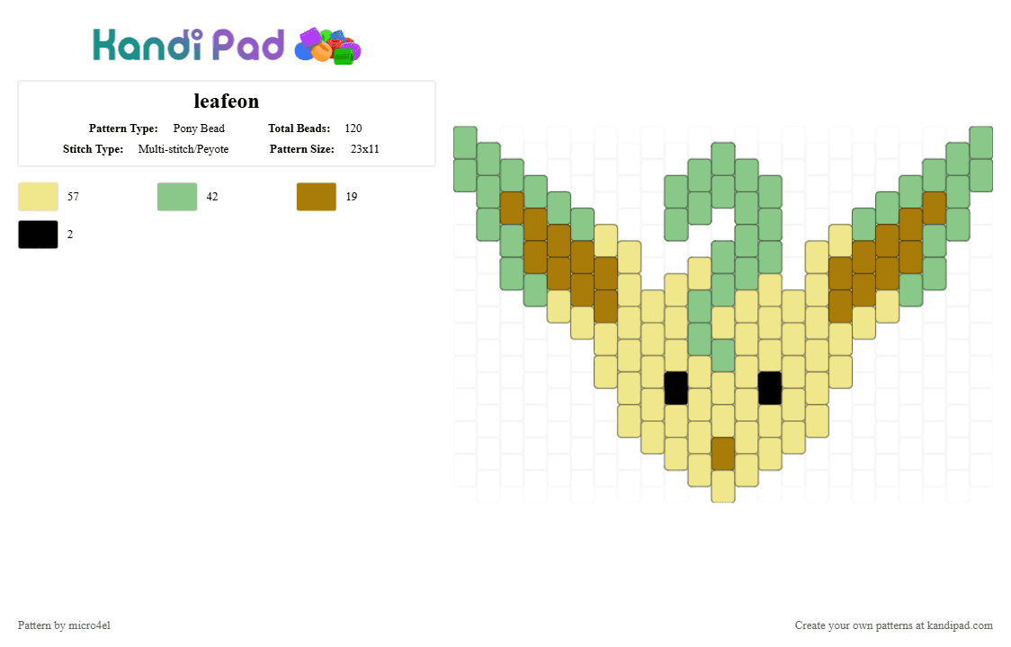 leafeon - Pony Bead Pattern by micro4el on Kandi Pad - eevee, eeveelution, green, leafeon, pokemon, teal, yellow