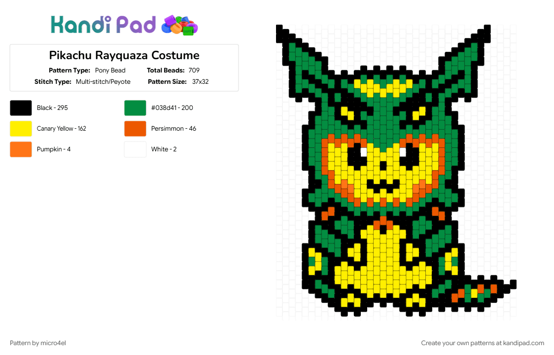 Pikachu Rayquaza Costume - Pony Bead Pattern by micro4el on Kandi Pad - costume, green, pikachu, pokemon, poncho, rayquaza, yellow