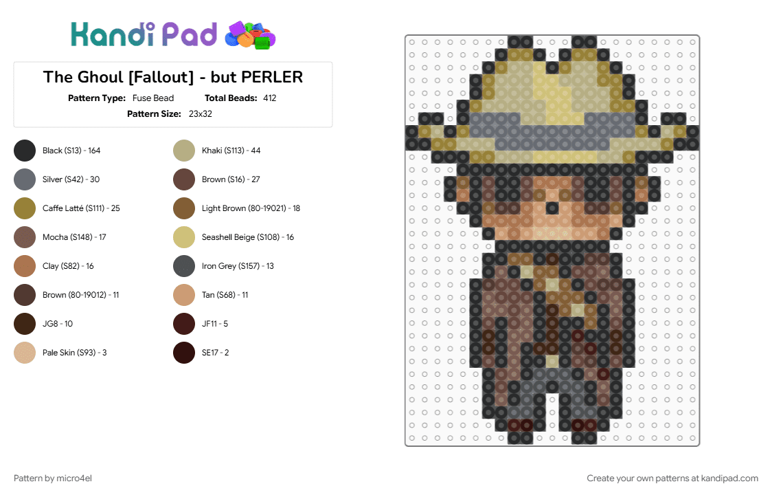 The Ghoul [Fallout] - but PERLER - Fuse Bead Pattern by micro4el on Kandi Pad - beige, brown, character, charm, chibi, fallout, ghoul, perler charm, series, tan