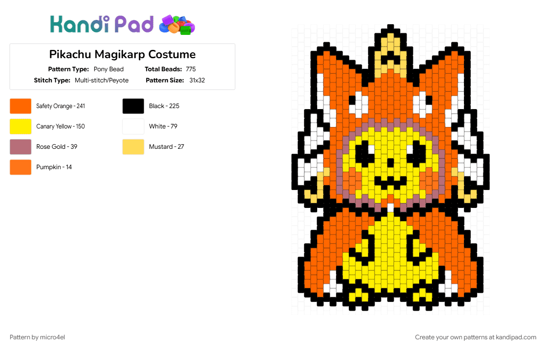 Pikachu Magikarp Costume - Pony Bead Pattern by micro4el on Kandi Pad - costume, magikarp, orange, pikachu, pokemon, red, yellow