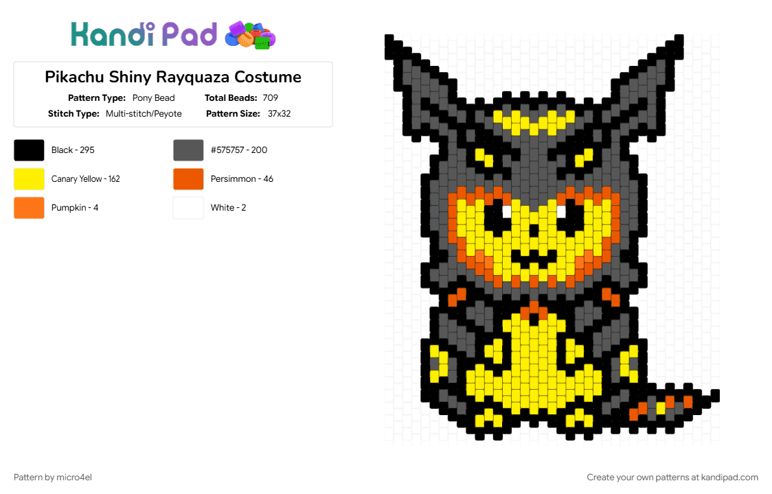 Pikachu Shiny Rayquaza Costume - Pony Bead Pattern by micro4el on Kandi Pad - costume, gray, pikachu, pokemon, poncho, rayquaza, shiny, yellow