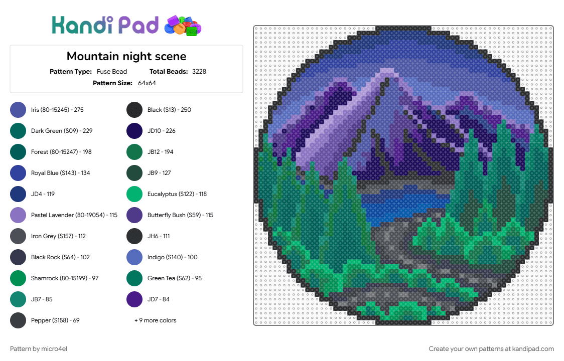 Mountain night scene - Fuse Bead Pattern by micro4el on Kandi Pad - blue, forest, landscape, mountain, mountains, night, purple, scene, teal