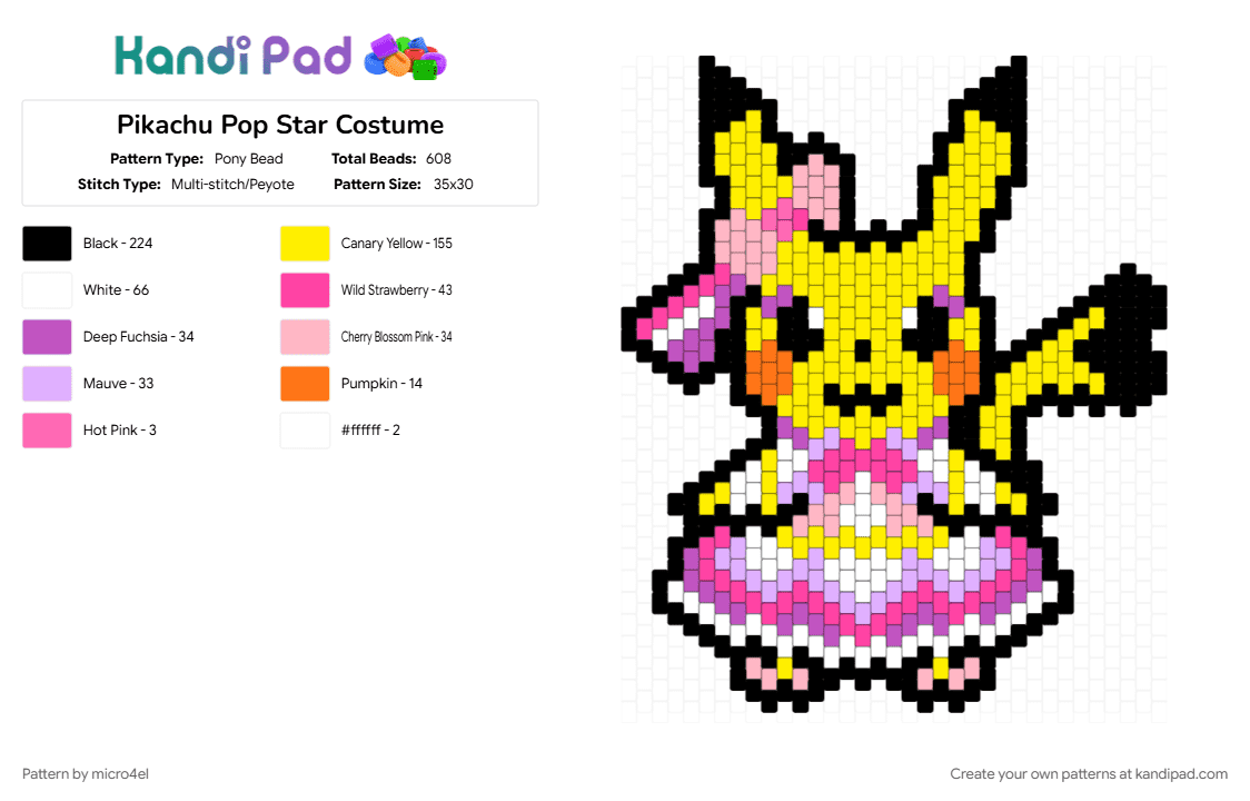 Pikachu Pop Star Costume - Pony Bead Pattern by micro4el on Kandi Pad - costume, pikachu, pink, pokemon, yellow