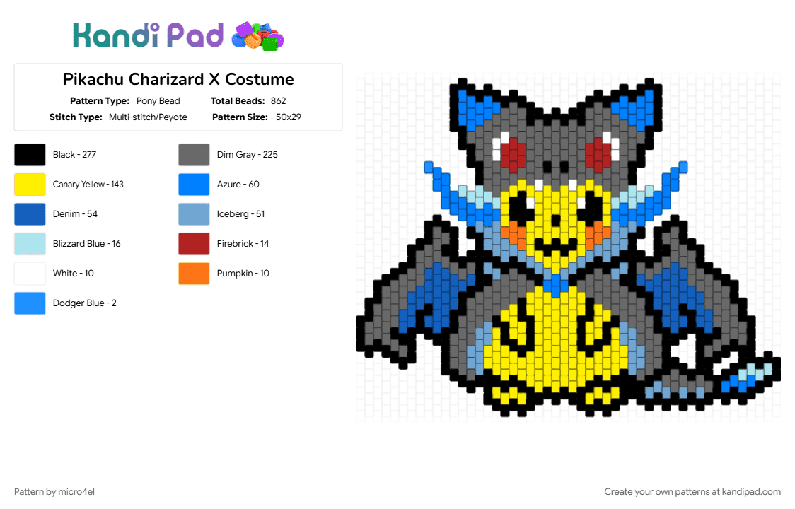 Pikachu Charizard X Costume - Pony Bead Pattern by micro4el on Kandi Pad - blue, charizard, costume, gray, pikachu, pokemon, poncho, yellow