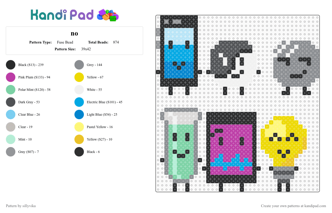 no - Fuse Bead Pattern by sillyvika on Kandi Pad - gray,light blue,yellow,pink