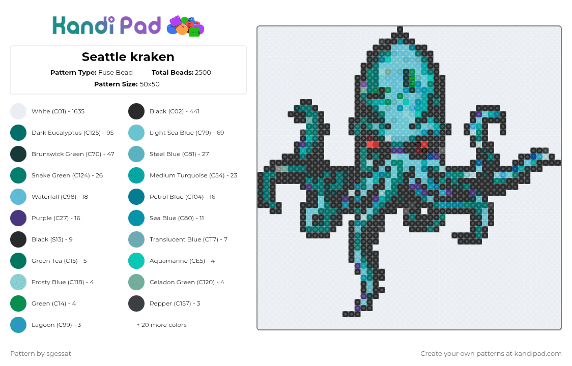 Seattle kraken - Fuse Bead Pattern by sgessat on Kandi Pad - white,teal,light blue